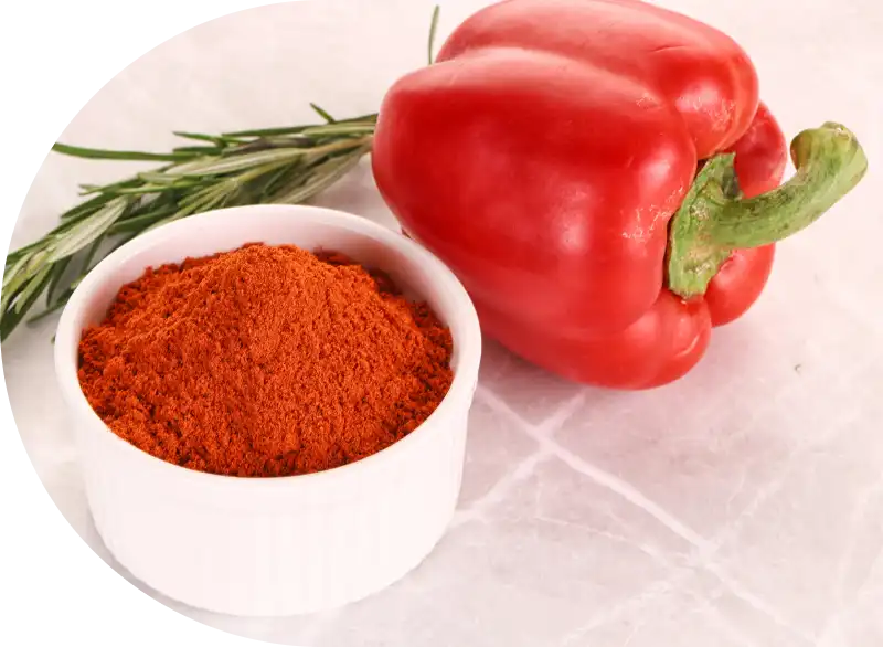 Twee rode paprika's flankeren een houten lepel met paprikapoeder op een donkere houten achtergrond, waardoor een warme en rustieke culinaire scène ontstaat.